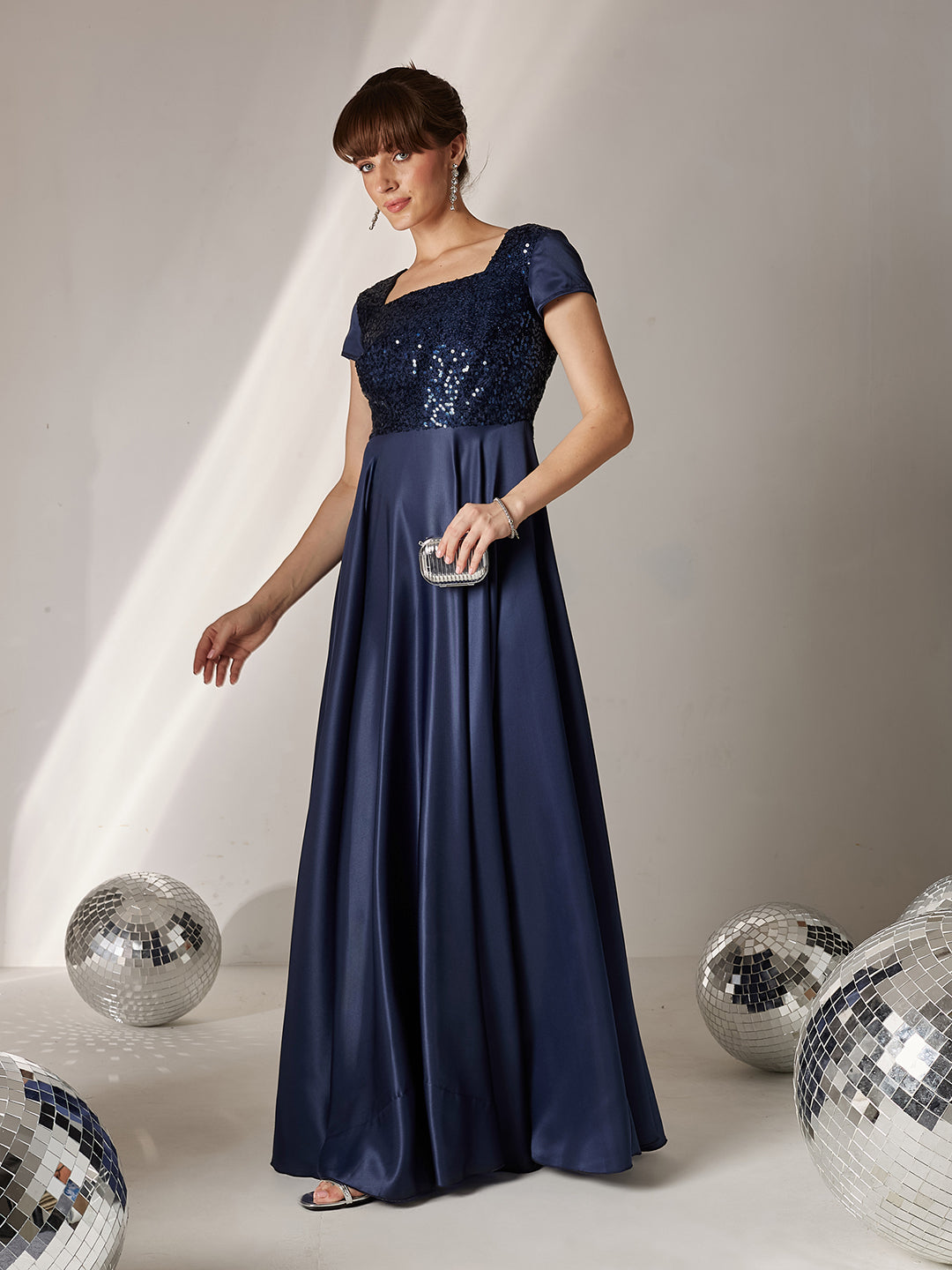 Women's Navy Blue Square Neck Short Sleeve Embellished Polyester Fit & Flare  Maxi Dress