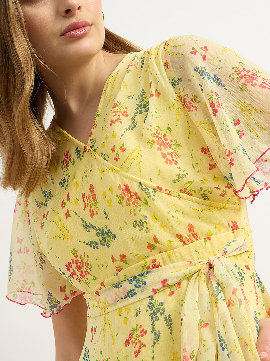 Women's Multicolored-Base-Yellow V Neck Flared Sleeve Floral Wrap Maxi Dress