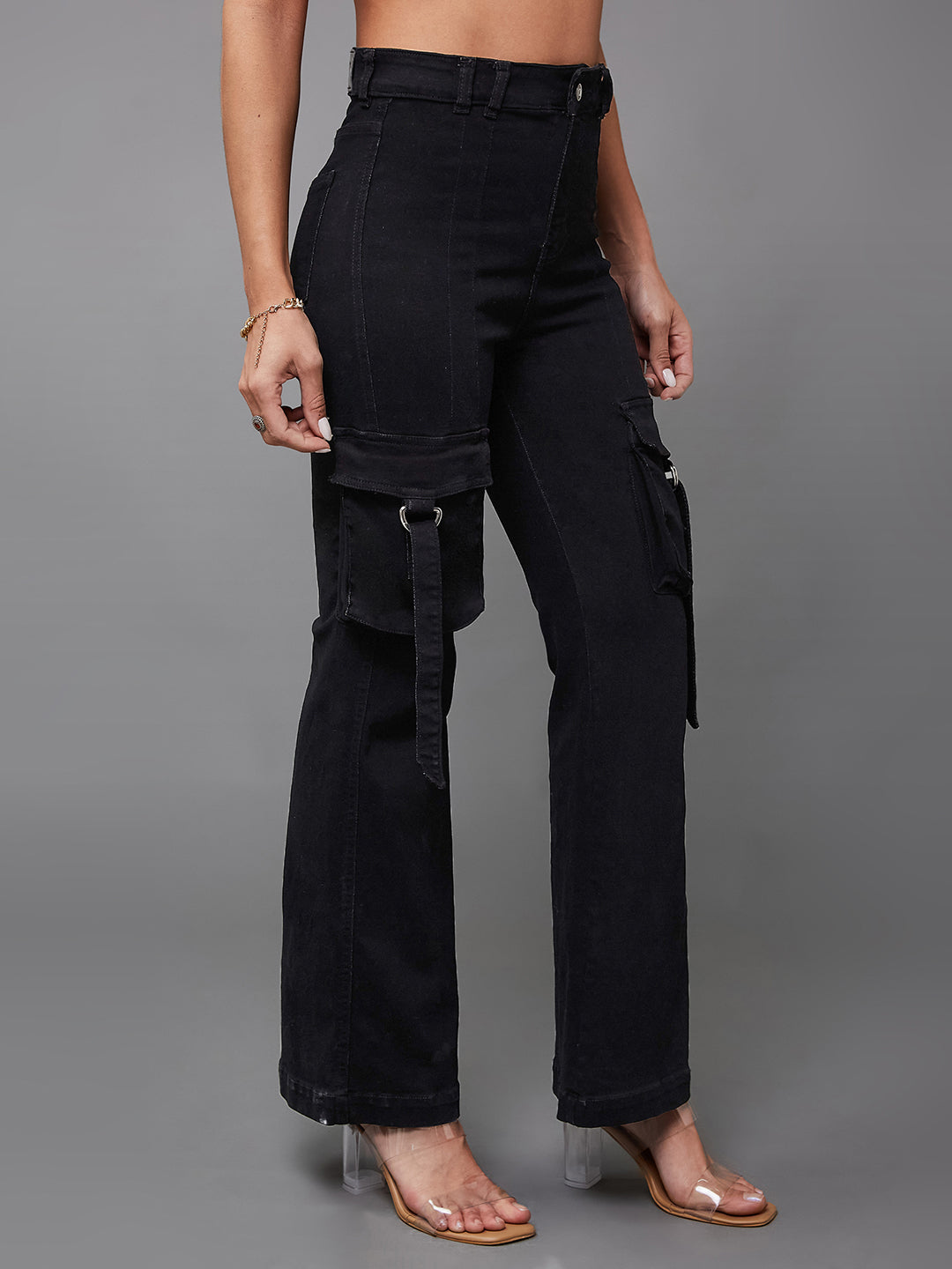 24/7 Comfort Black Bell-Bottom Bootcut High-Rise Stretchable Denim Jeans