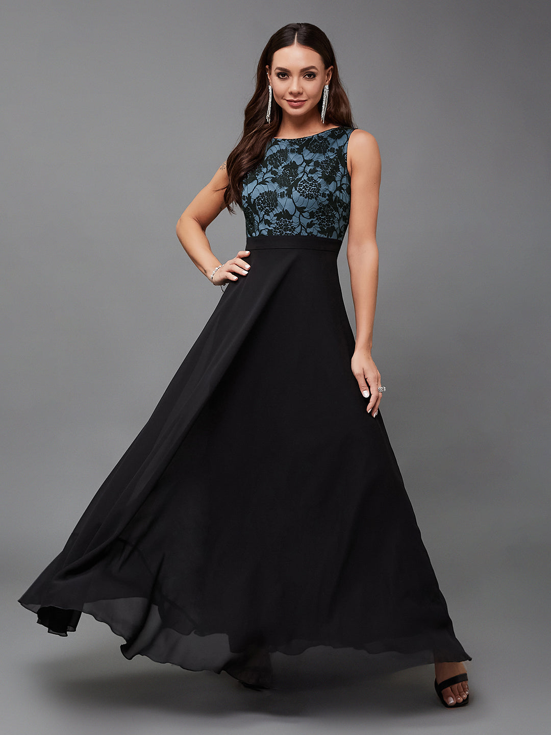 Women's Blue & Black Round Neck Sleeveless Georgette Floral Lace Fit & Flare Maxi Dress
