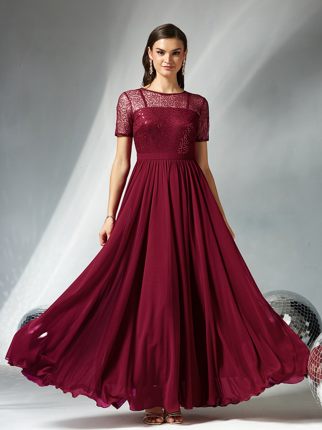 Maroon Relaxed Fit Maxi Georgette & Sequins Dress for Women