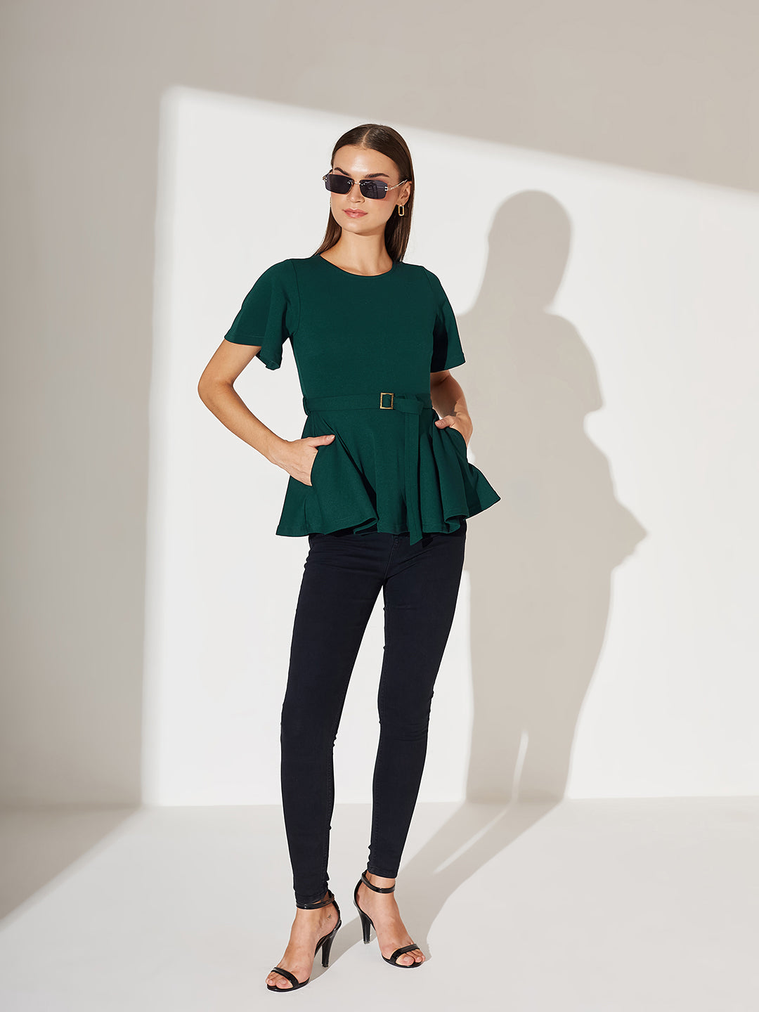 Green Solid Polyester Slim Fit Round Neck Short Sleeve Regular Length Top for Women — Miss Chase