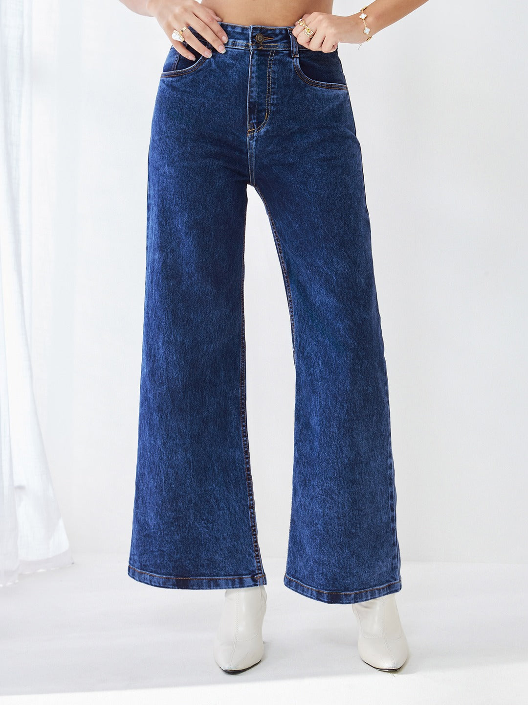 Mid Blue Wide-Leg High-Rise Stretchable Denim Jeans for Women