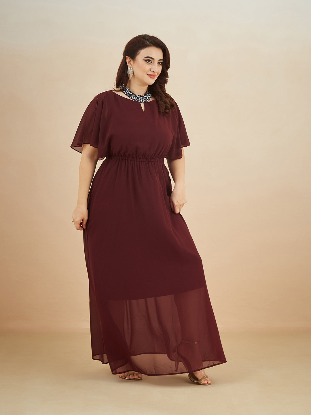 Wine Red Round Neck Flared Solid Embellished Choker/Gathered Maxi Dress for Women