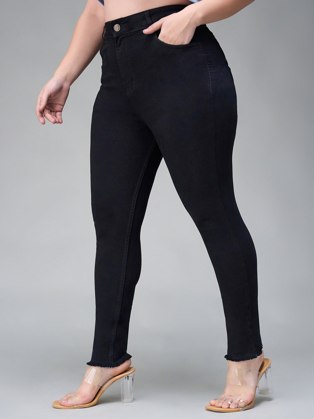 24/7 Comfort Black Skinny Fringed Detailing High-Rise Solid Cropped Stretchable Denim Jeans