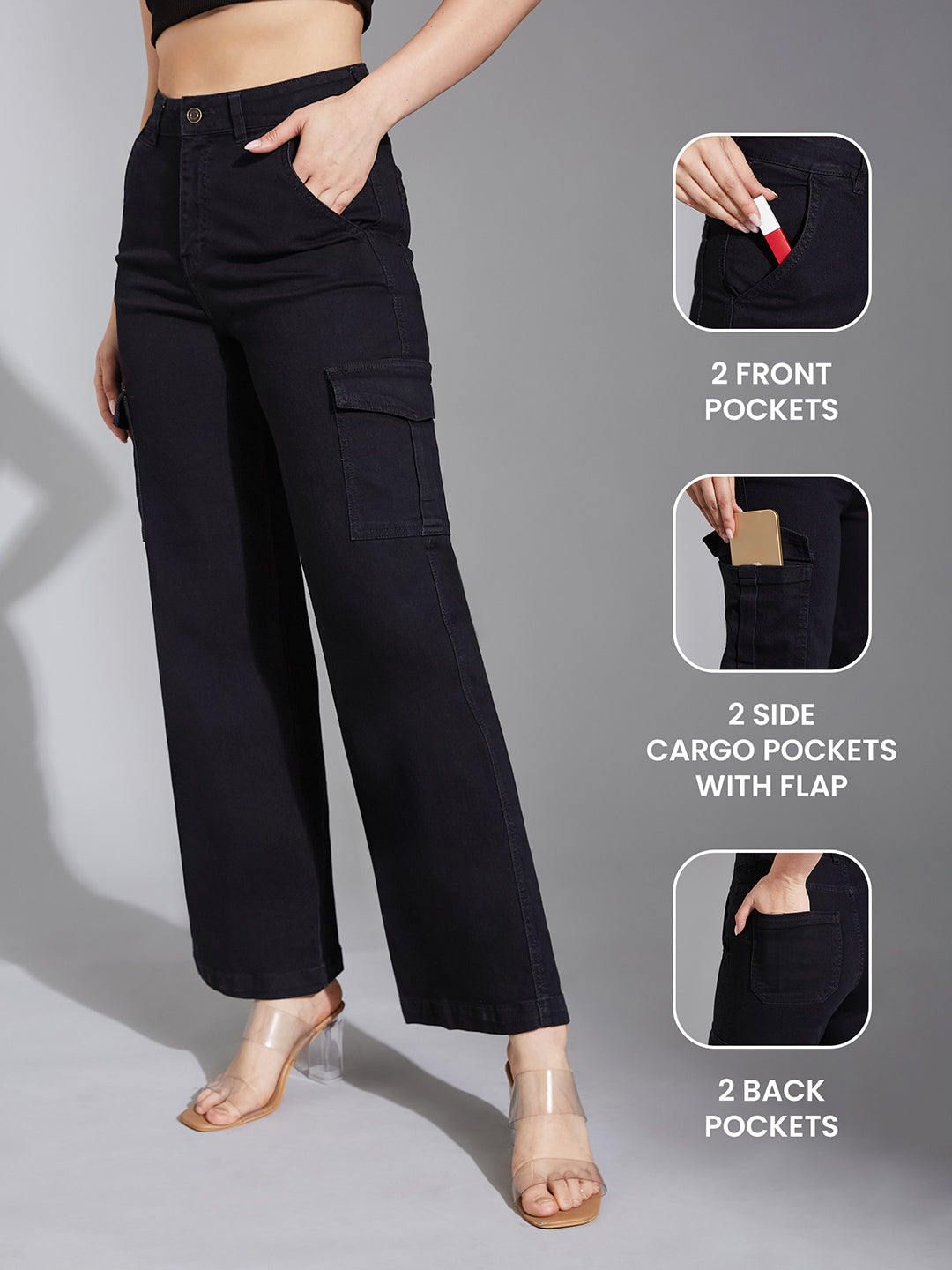 Women's Black Wide-Leg High-Rise Clean-Look Stretchable Denim Jeans
