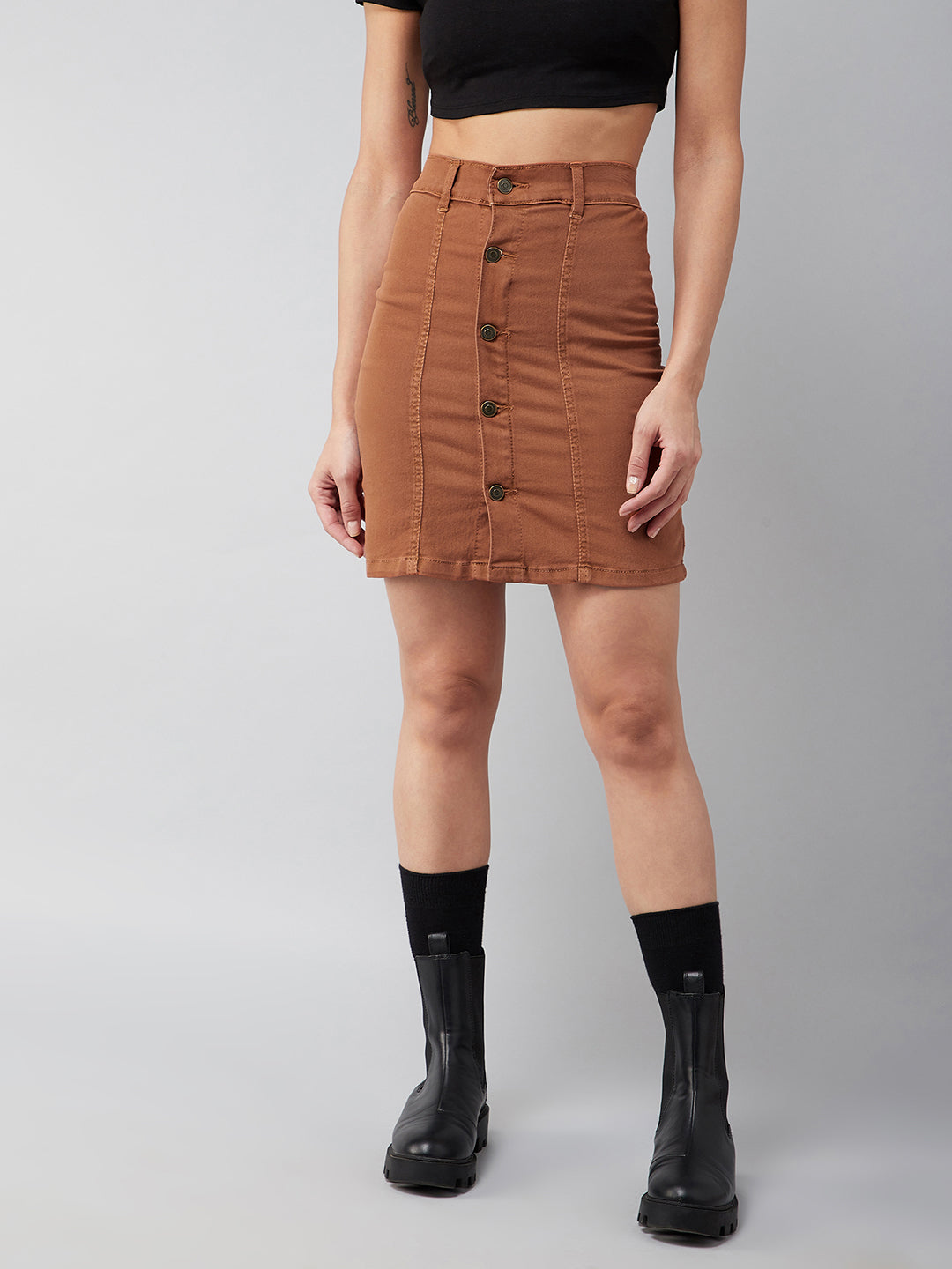 Women's Rust Cotton Slim Fit Relaxed High-Rise Mini Denim Skirt