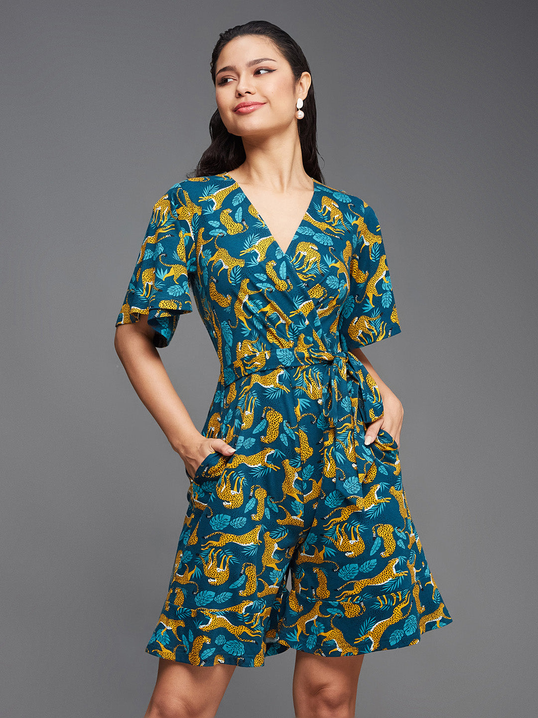 Women's Multicolored-Base-Teal V-Neck Half Sleeve Animal-Patterned Wrap Styled Pure Cotton Knee-Long Playsuit