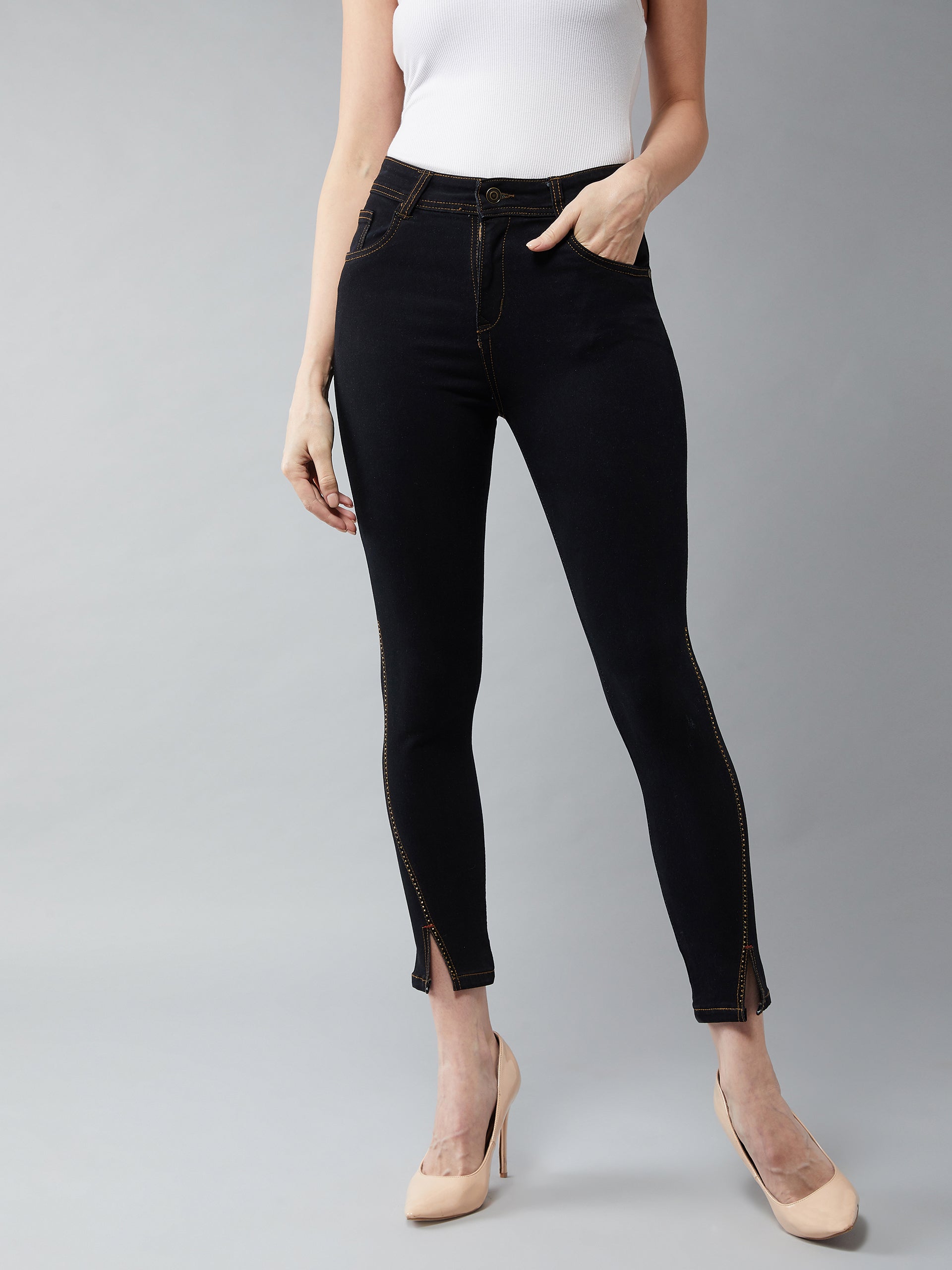 Women's Black Embellished Skinny High-Rise Side-Slit Solid Cropped-Length Stretchable Denim Jeans