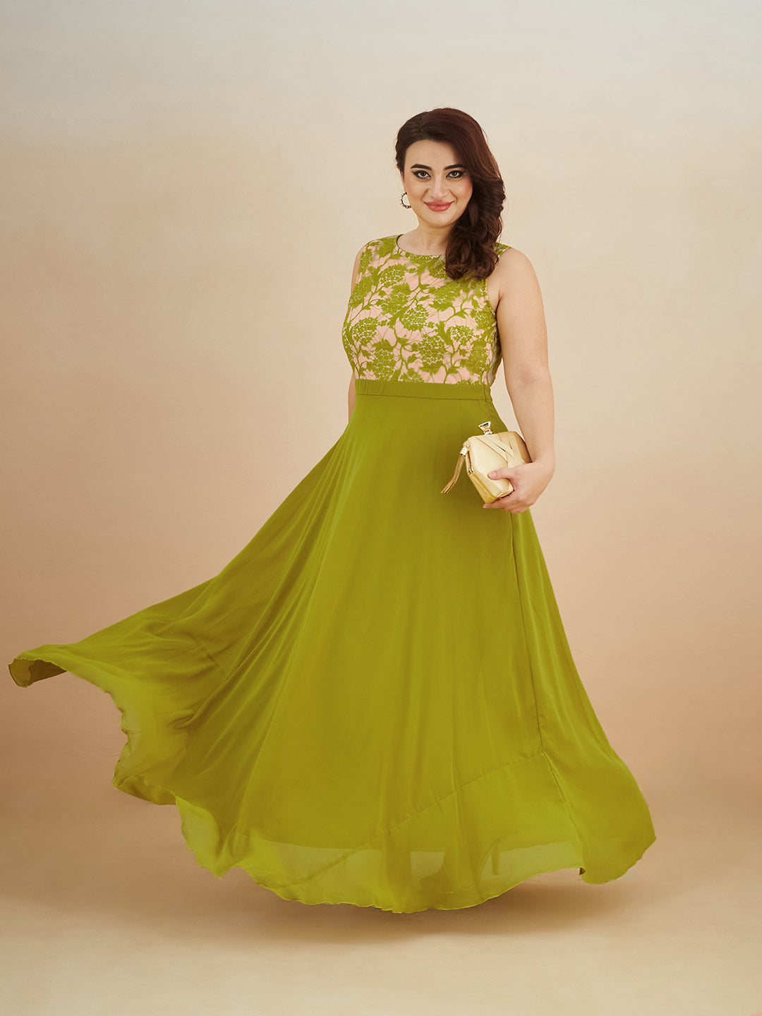 Lemon Green Round Neck Sleeveless Georgette Floral Lace Fit & Flare Maxi Dress for Women