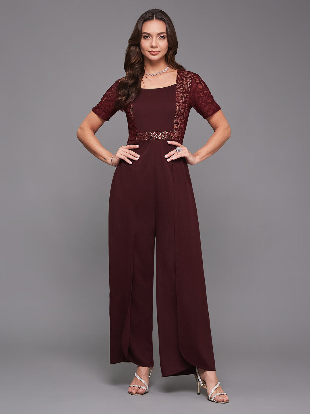 Women's Wine Square Neck Half Sleeve Self-Designed Panelled Regular-Length Polyester Jumpsuit
