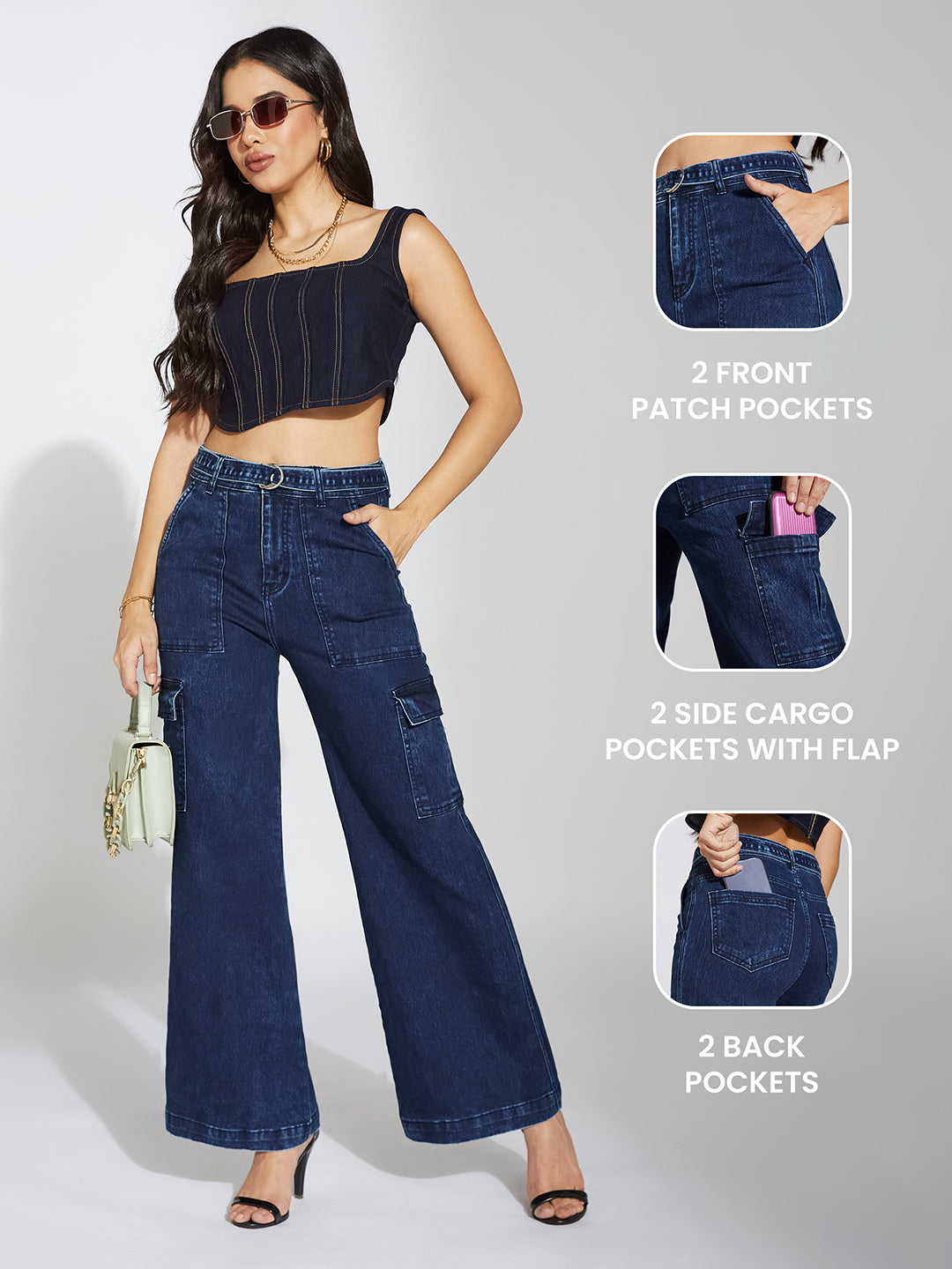 Women's Blue Wide-Leg High-Rise Clean-Look Stretchable Cargo Denim Jeans