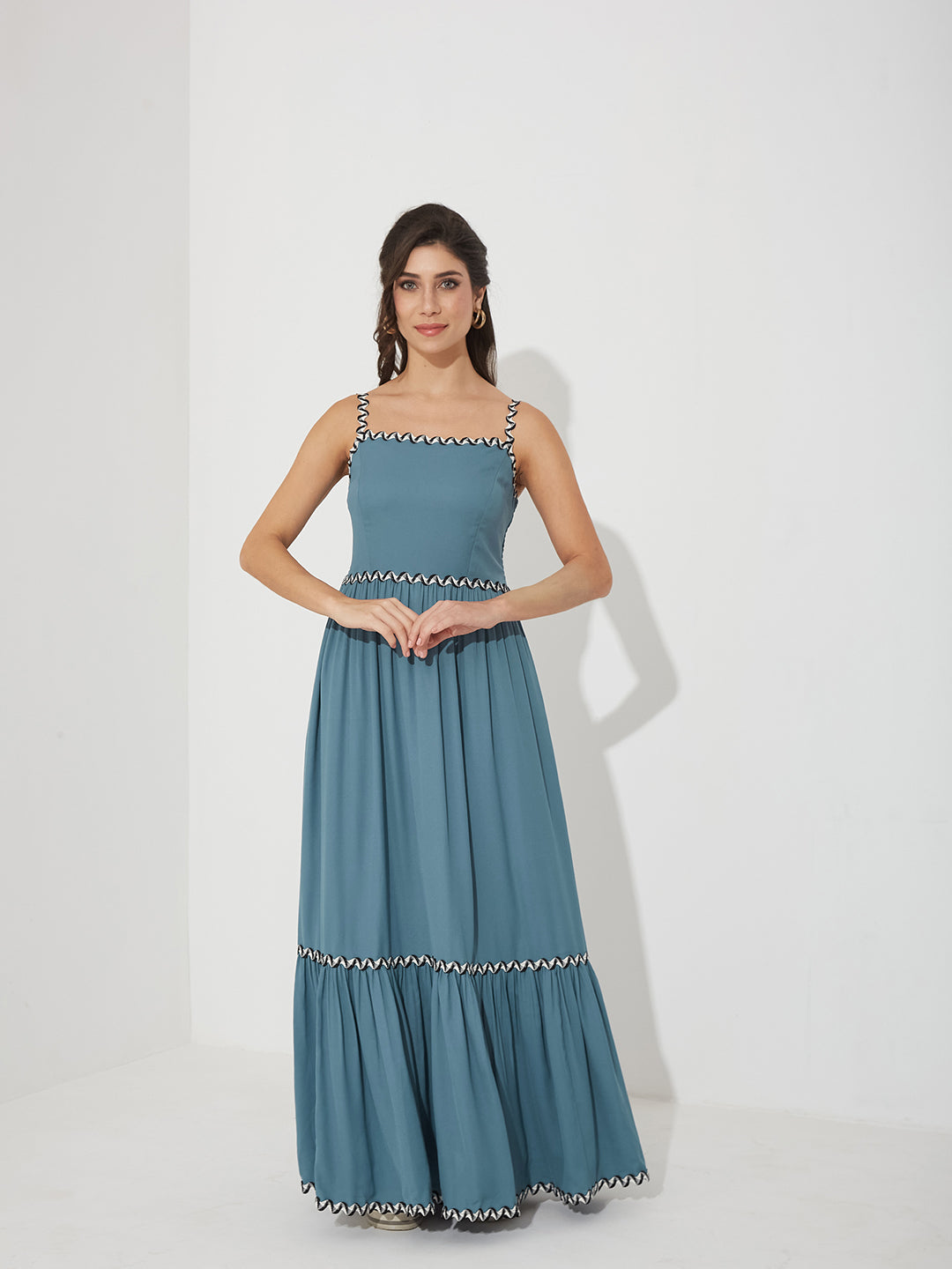 Blue Square Neck Sleeveless Solid Tiered Maxi Crepe Dress for Women — Miss Chase