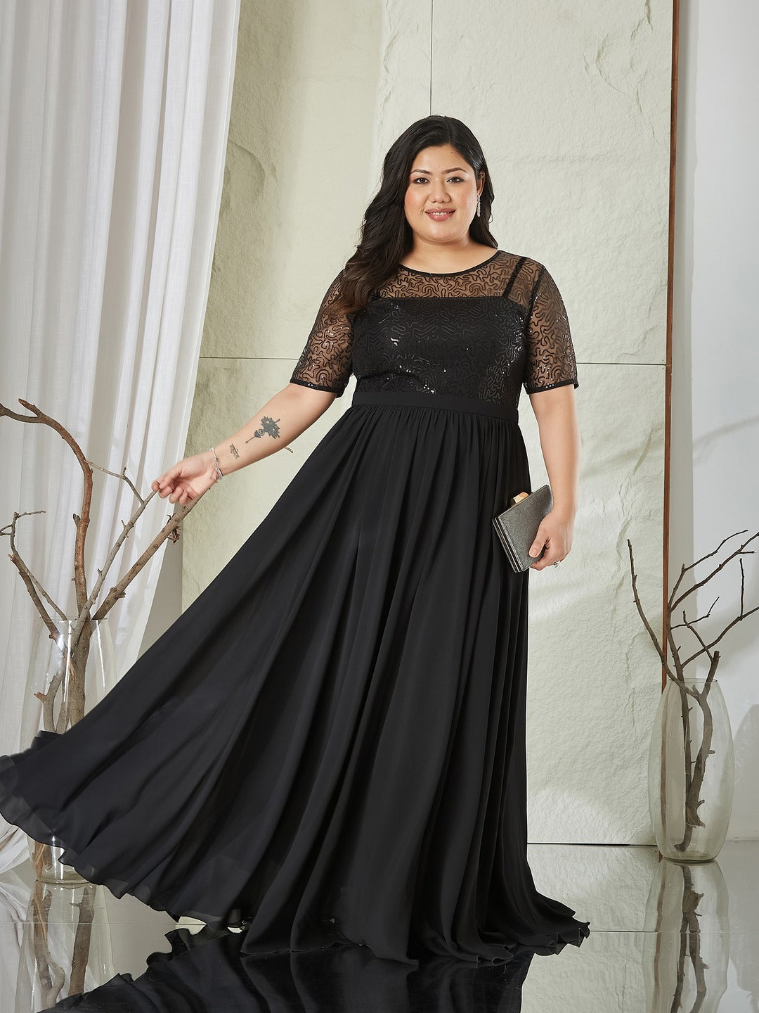 Black Relaxed Fit Maxi Georgette & Sequins Dress for Women