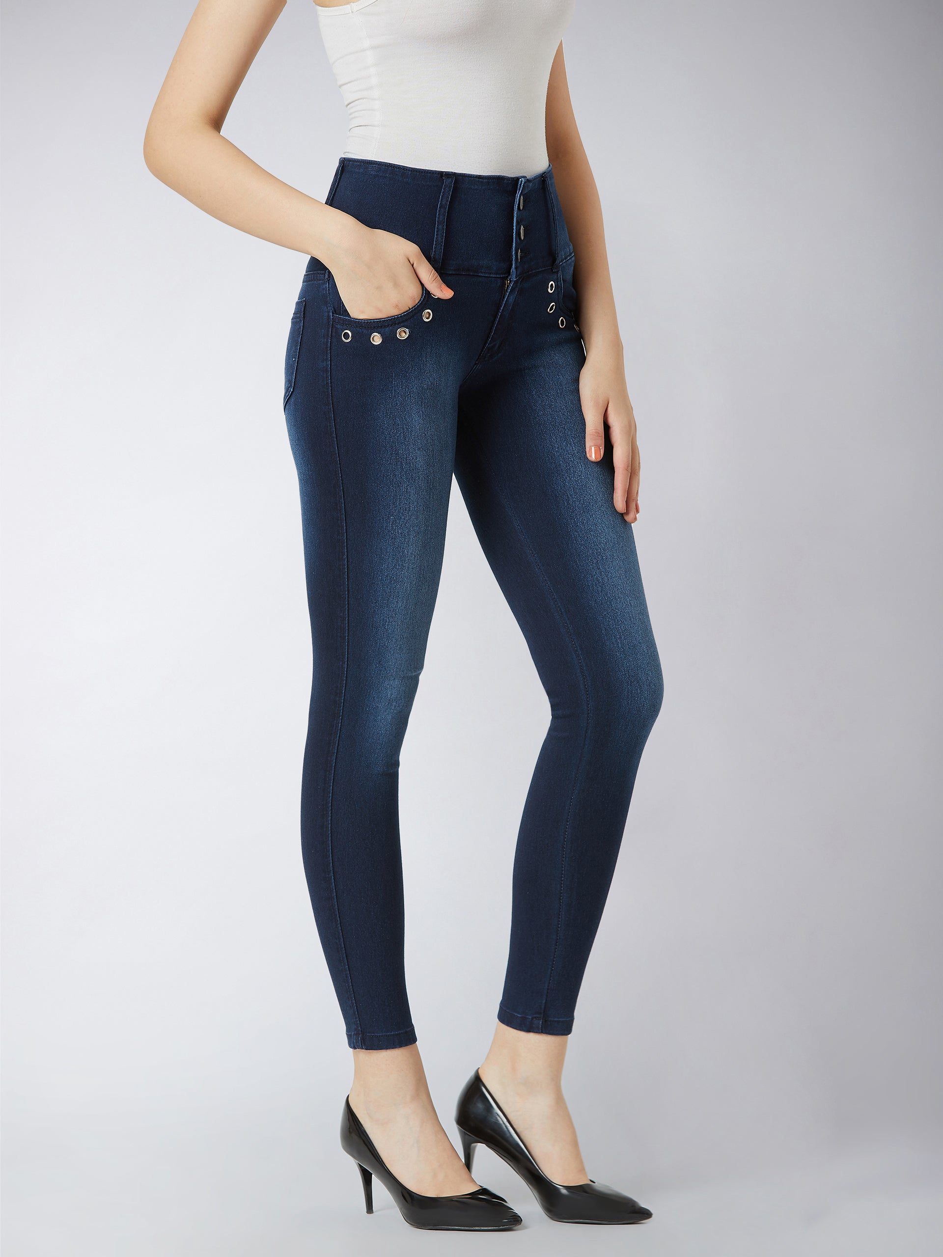Women's Navy Blue Skinny-Fit High-Rise Regular Length Stretchable Denim Pants