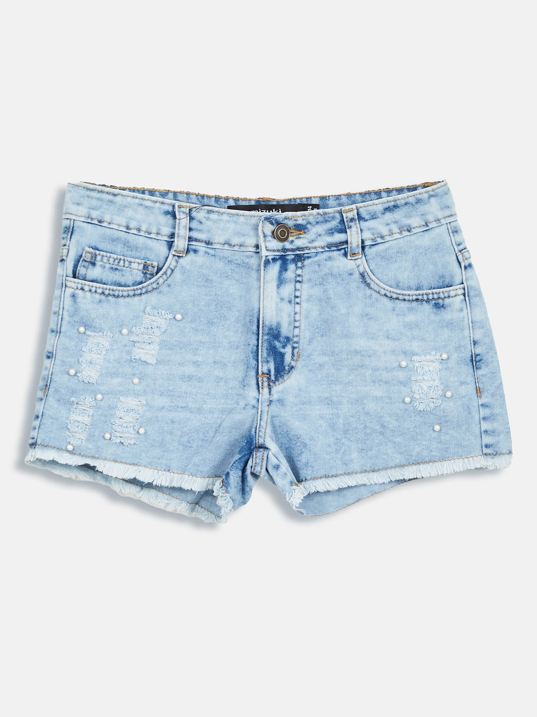Light Blue Relaxed-Fit Mid-Rise Highly-Distressed Denim Shorts for Girls/Teenagers