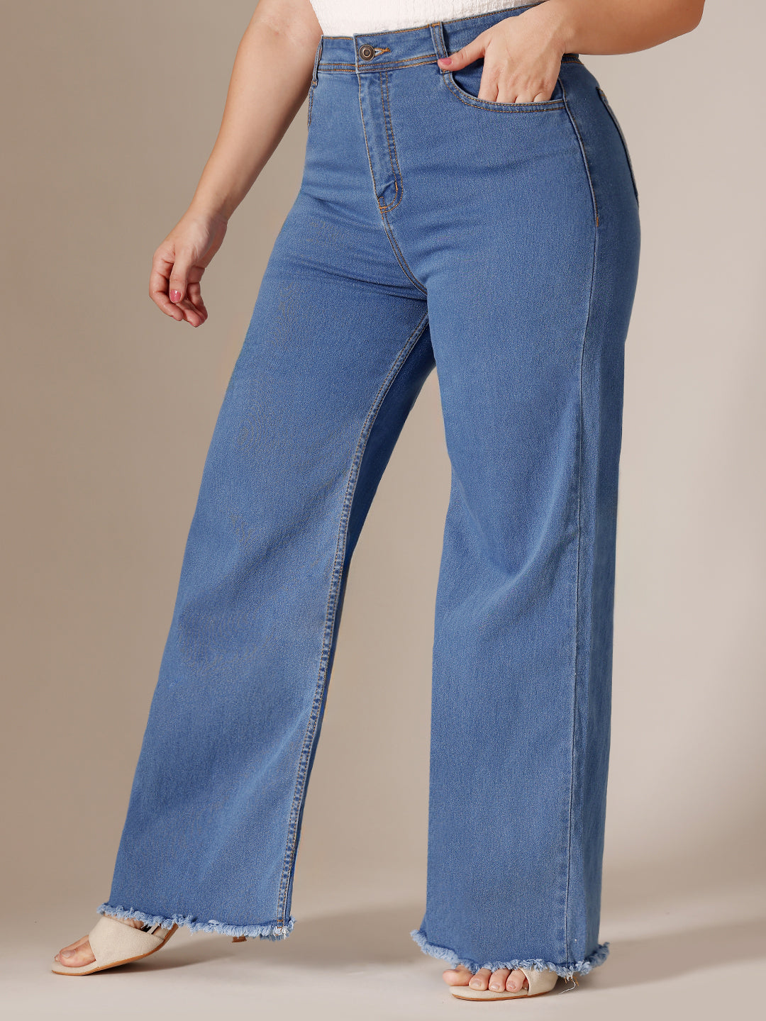 24/7 Comfort Mid Blue Wide-Leg High-Rise Clean-Look Regular-Length Stretchable Denim Jeans for Women
