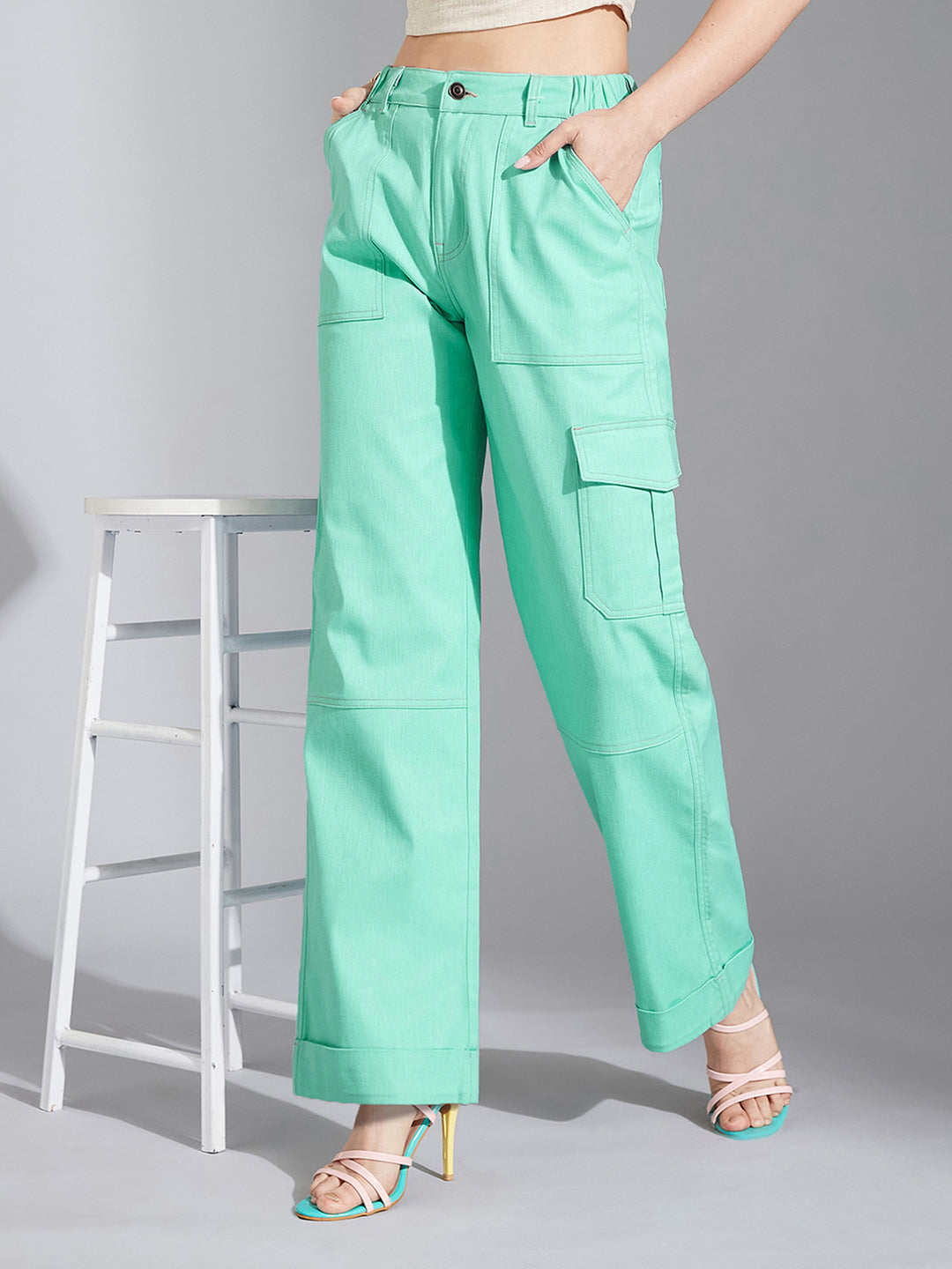 Women's Turquoise Wide-Leg High-Rise Clean-Look Stretchable Denim Pants