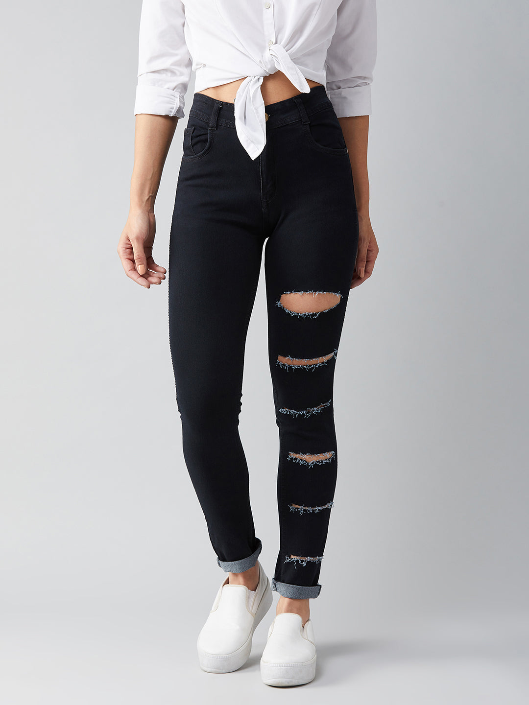 Women's Black Slim High-Rise Distressed Denim Jeans