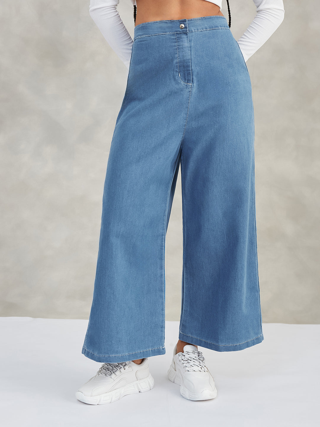 Women's Blue Flared Wide-Leg High-Rise Non-Stretchable Denim Pants