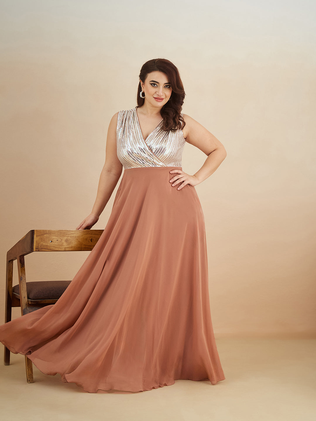Dusty Peach V-Neck Sleeveless Embellished Wrap Maxi Georgette Dress for Women
