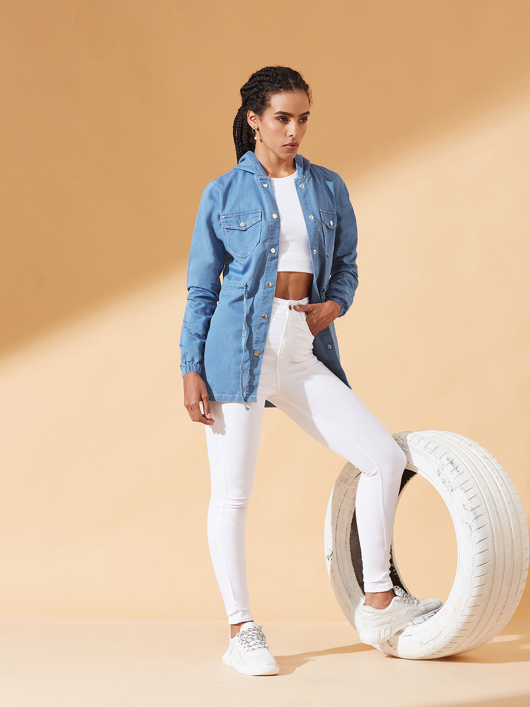 Light-Blue Round Neck Full Sleeve Solid Long hoodie with tie-up Regular Jacket for Women