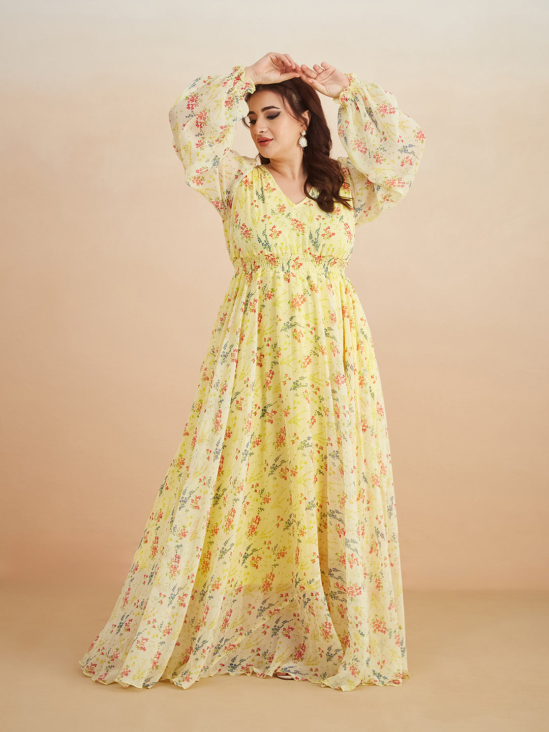 Multicolored-Base-Lime Yellow V-Neck Bishop Sleeve Floral Gathered Chiffon Maxi Dress for Women