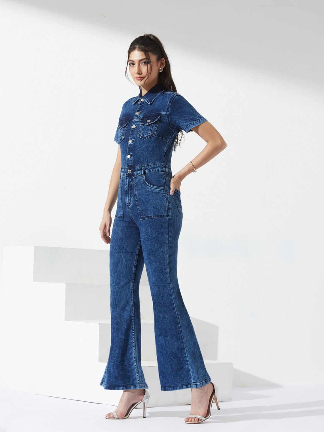 Navy Blue Flared high-rise Regular Stretchable Denim Jumpsuit for Women