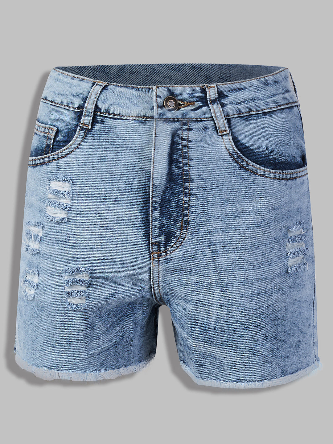 Women's Light Blue Relaxed-Fit Mid-Rise High-Distress Regular Denim Shorts