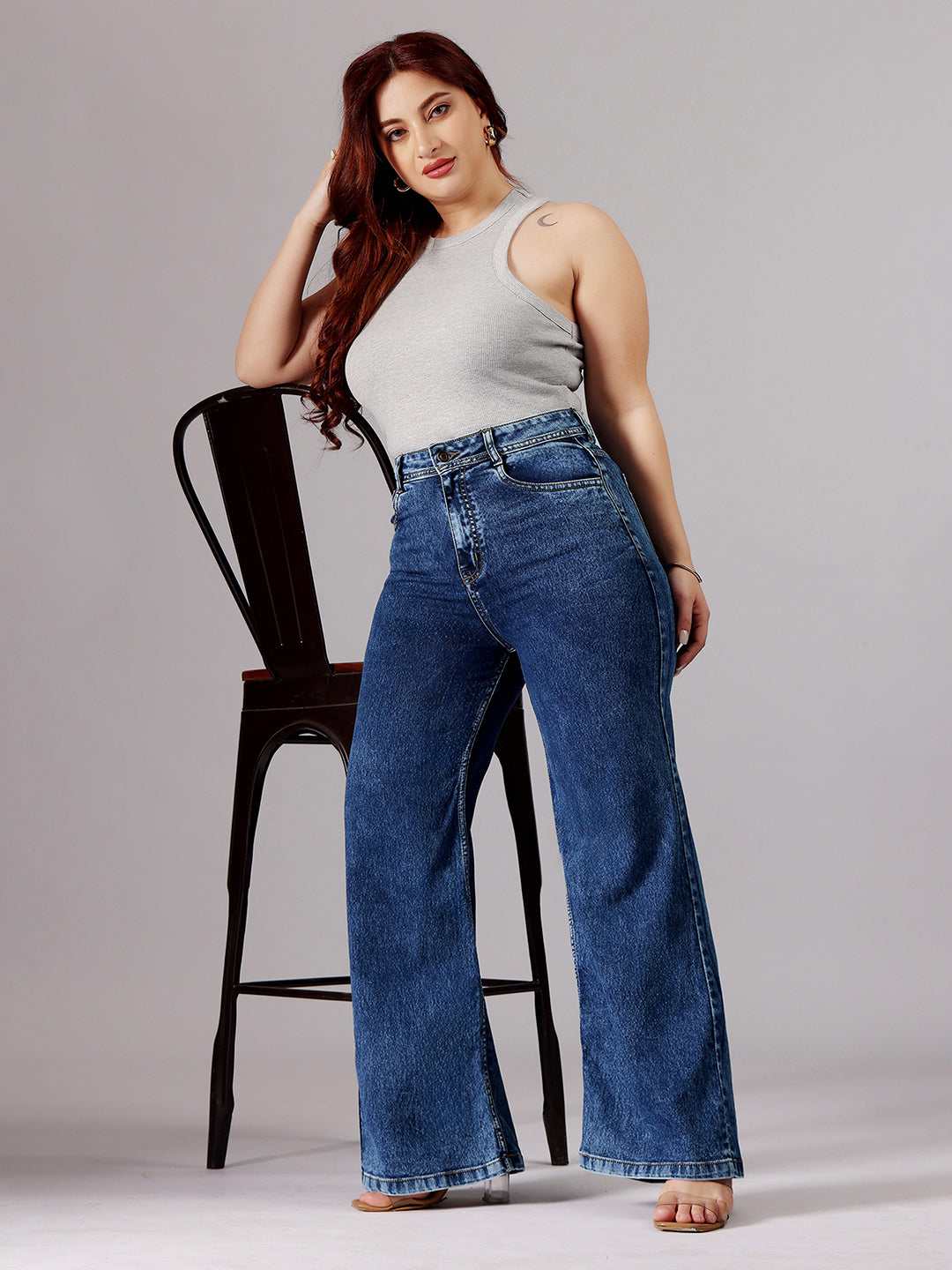 24/7 Comfort Mid-Blue Wide-Leg High-Rise Regular-Length Stretchable Denim Jeans