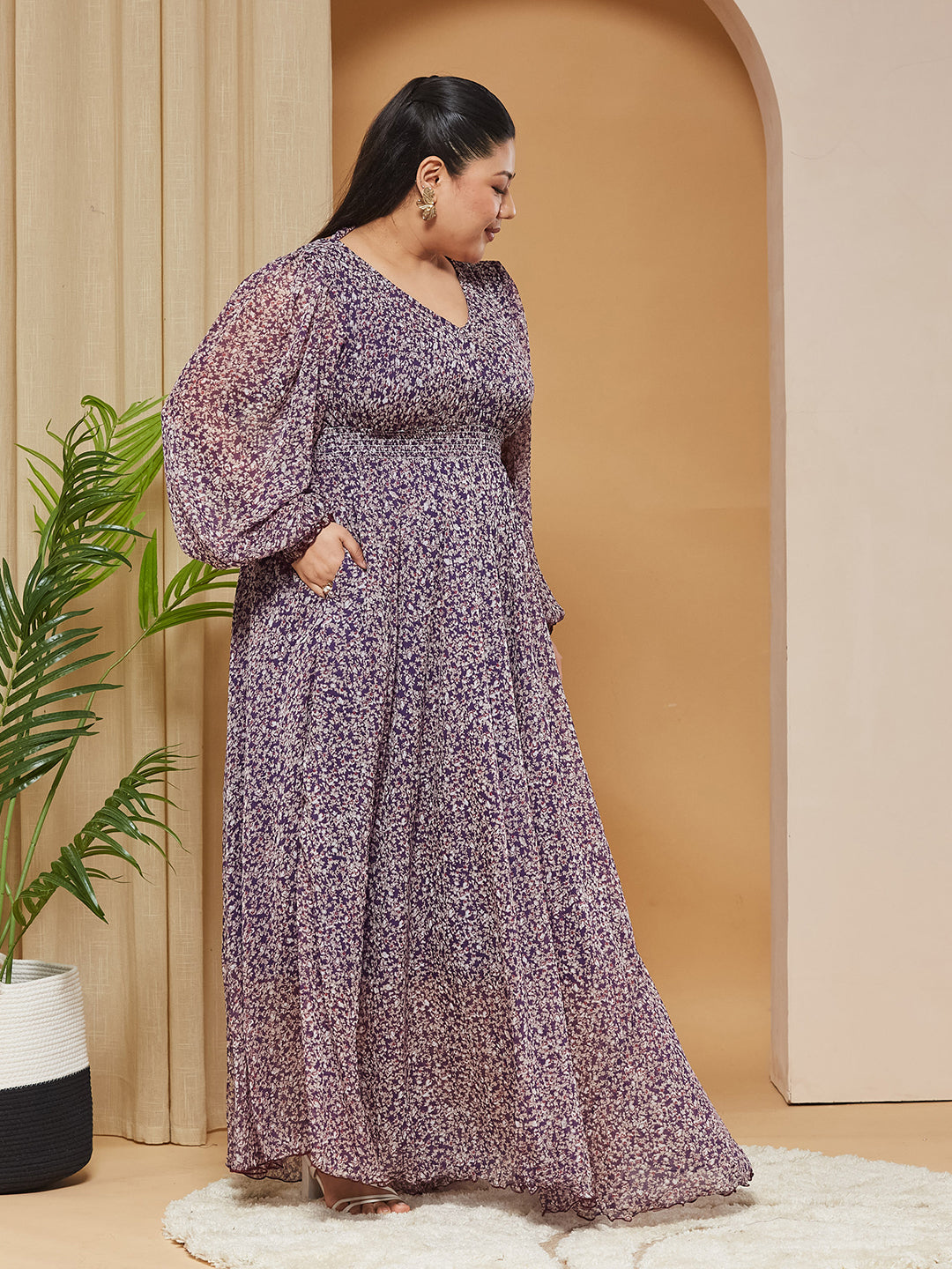 Multicolored-Base-Purple V-Neck Bishop-Sleeves Floral Gathered Chiffon Maxi Dress for Women