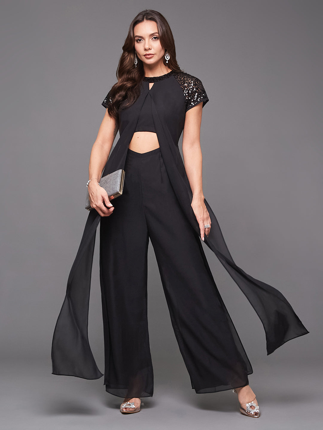 Women's Black Solid Round-Neck Raglan-Short Sleeves Sequined Panel Layered Party Jumpsuit