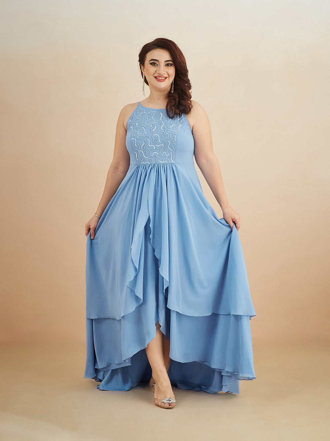 Powder Blue Halter-Neck Sleeveless Embroidered Layered Georgette Maxi Dress for Women