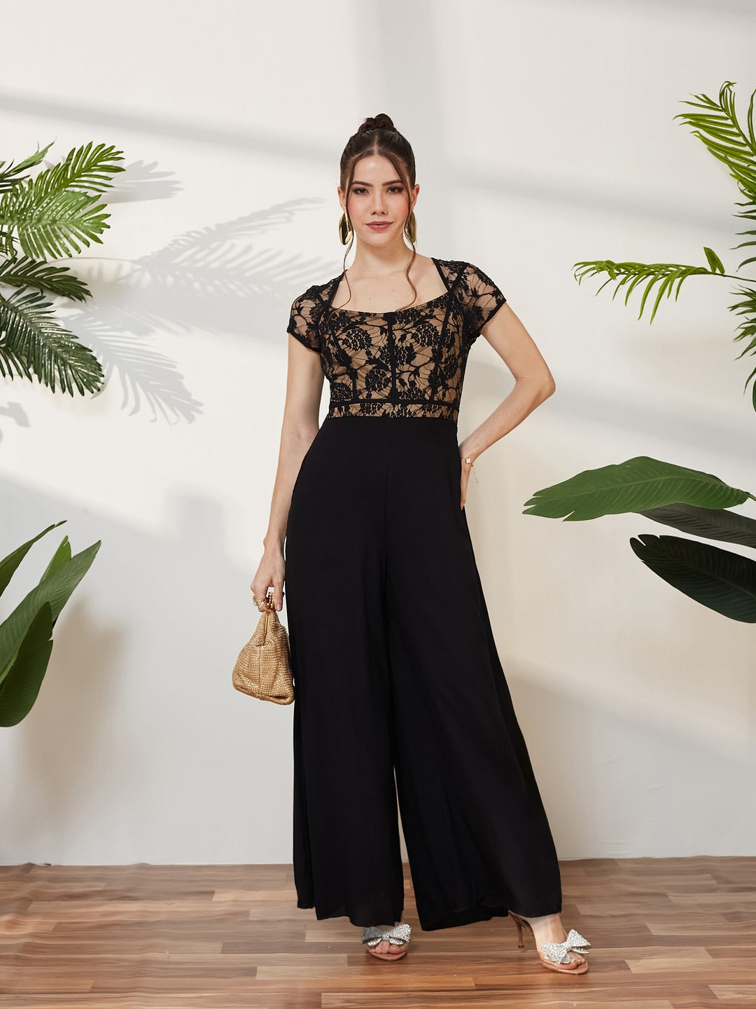 Black Sweetheart Neck Raglan Sleeve Floral Lace Overlaid Viscose-Rayon Regular Length Jumpsuit for Women