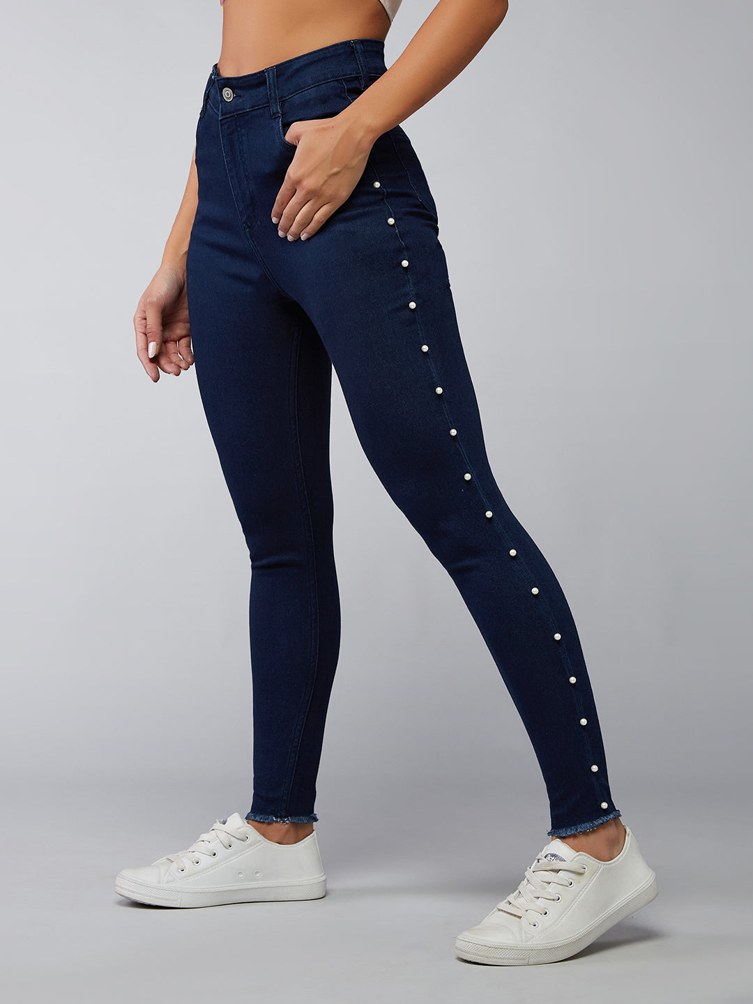 Women's Navy-Blue Cotton Skinny-Fit Cropped High-Rise Stretchable Pearl Denim Jeans
