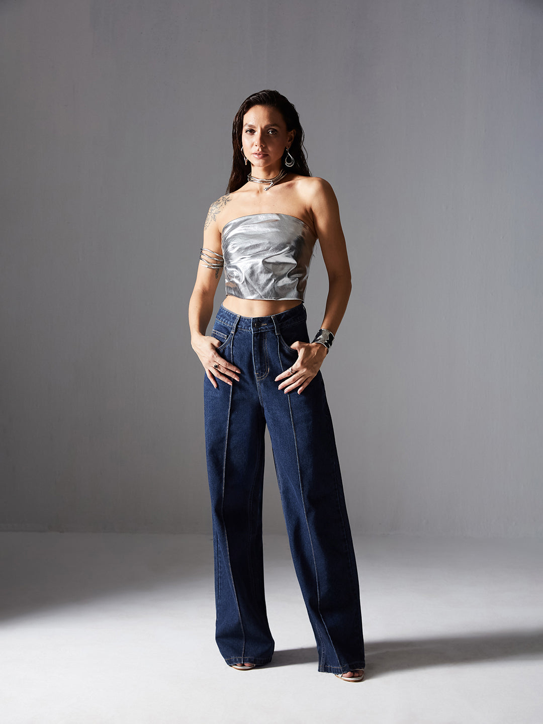 Women's Navy-Blue Wide-Leg High-Rise Non-stretchable Denim Jeans
