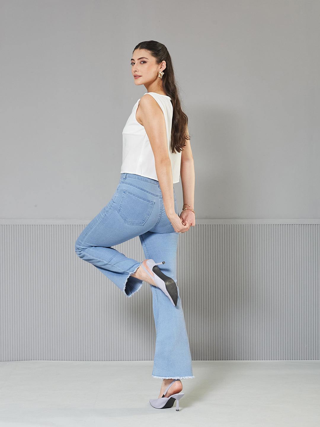 Women's Light Blue Boot Cut High-Rise clean-look Cropped Stretchable Denim Jeans