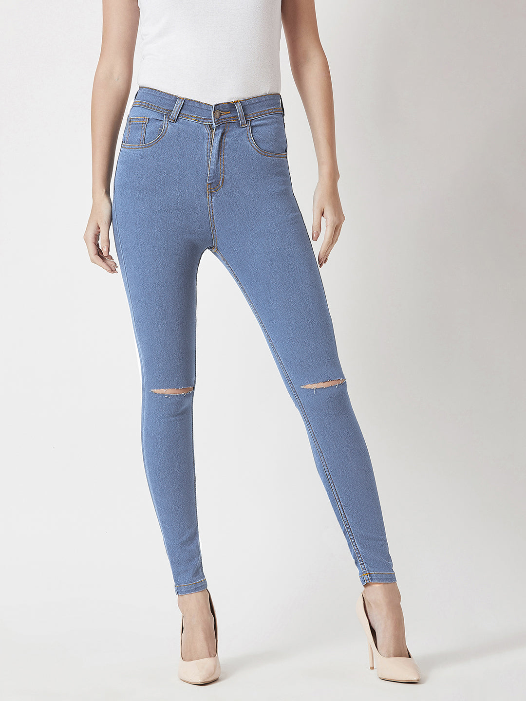 24/7 Comfort Blue Skinny-Fit High-Rise Midly-Distressed Stretchable Denim Jeans