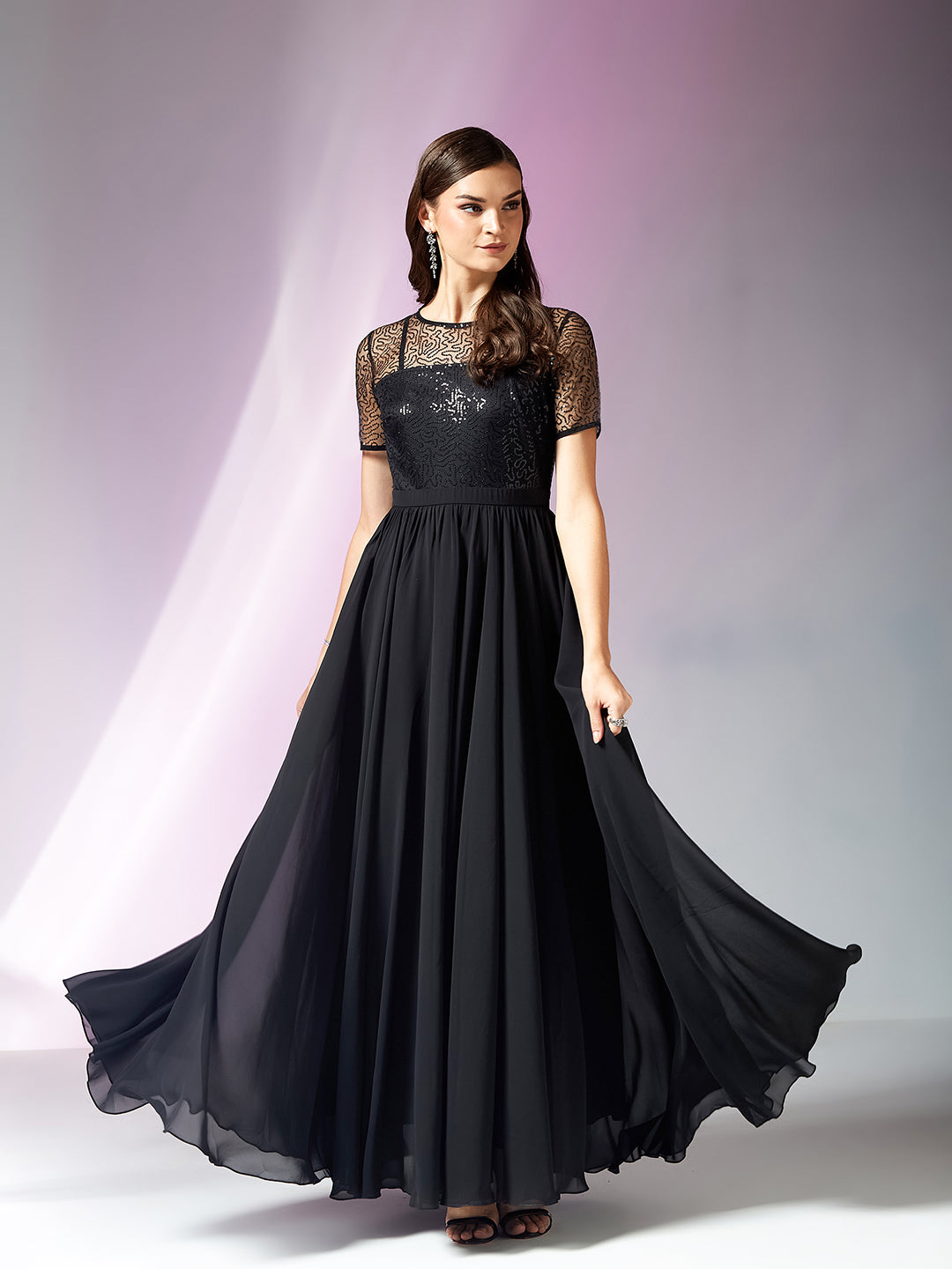 Women's Black Relaxed Fit Maxi Georgette & Sequins Dress