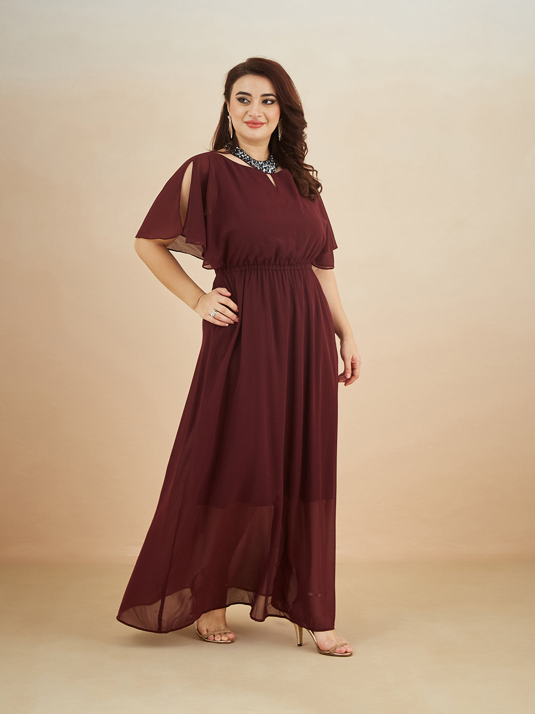 Wine Red Round Neck Flared Solid Embellished Choker/Gathered Maxi Dress for Women