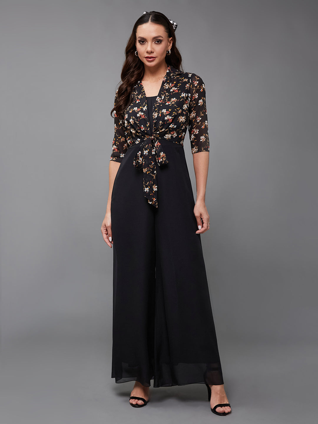 Women's Multicolored-Base-Black Round Neck 3/4 Sleeve Floral Jacket Style  Georgette Regular-Length Jumpsuit