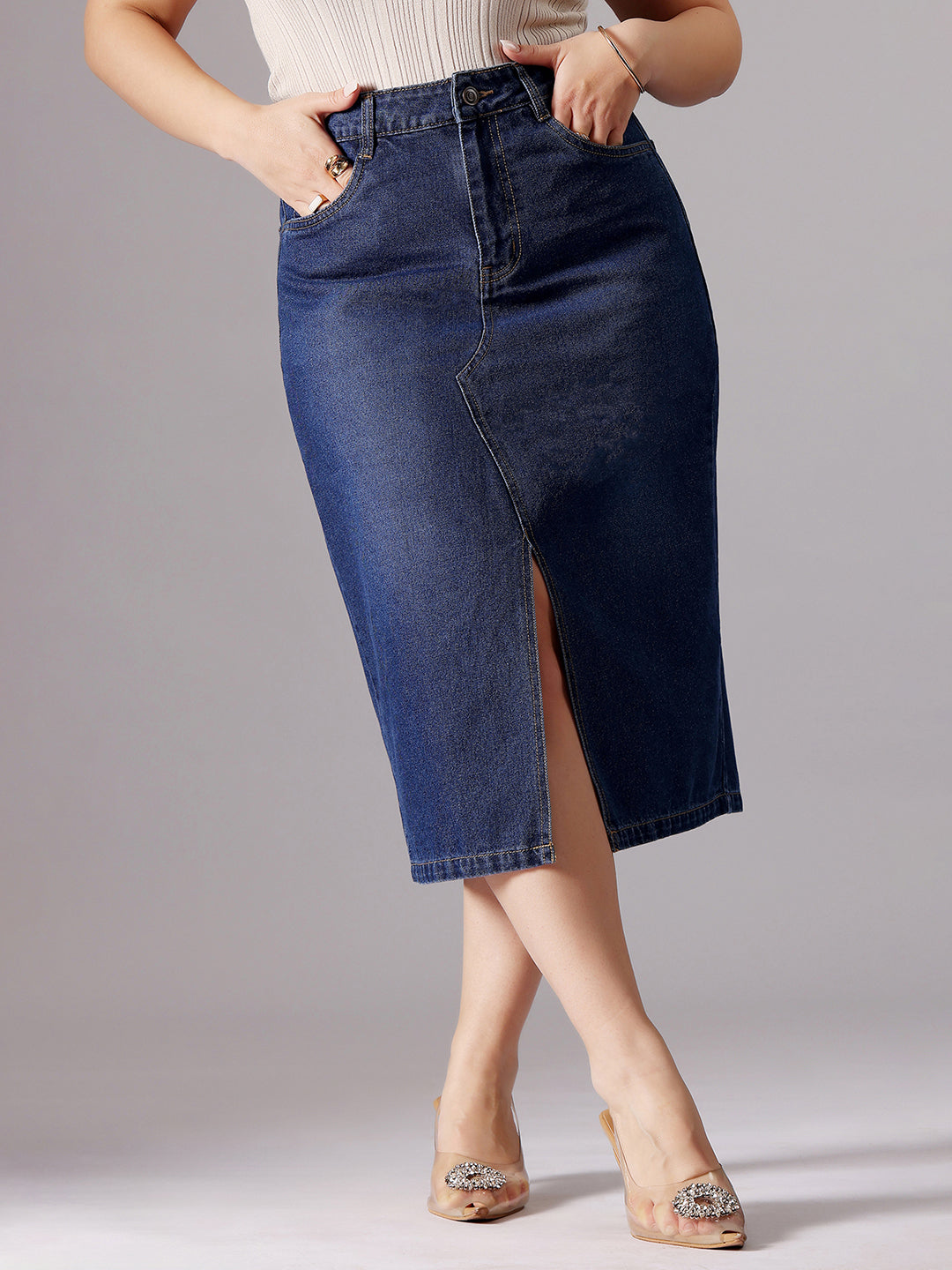 dark blue A-line high-rise midi skirt with a front slit for women