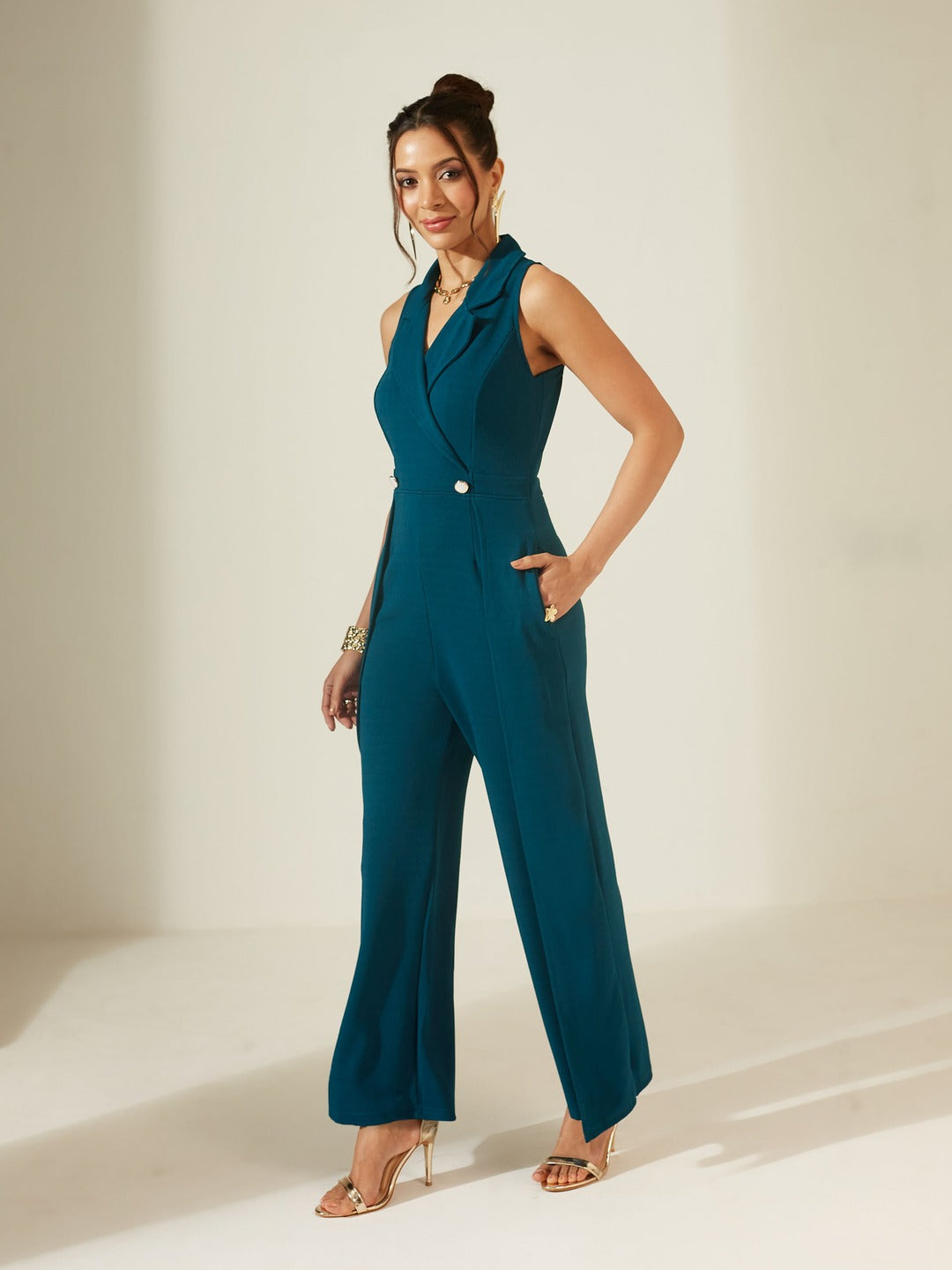 Teal Notched Collar Sleeveless Solid Wrap Regular-Length Jumpsuit for Women