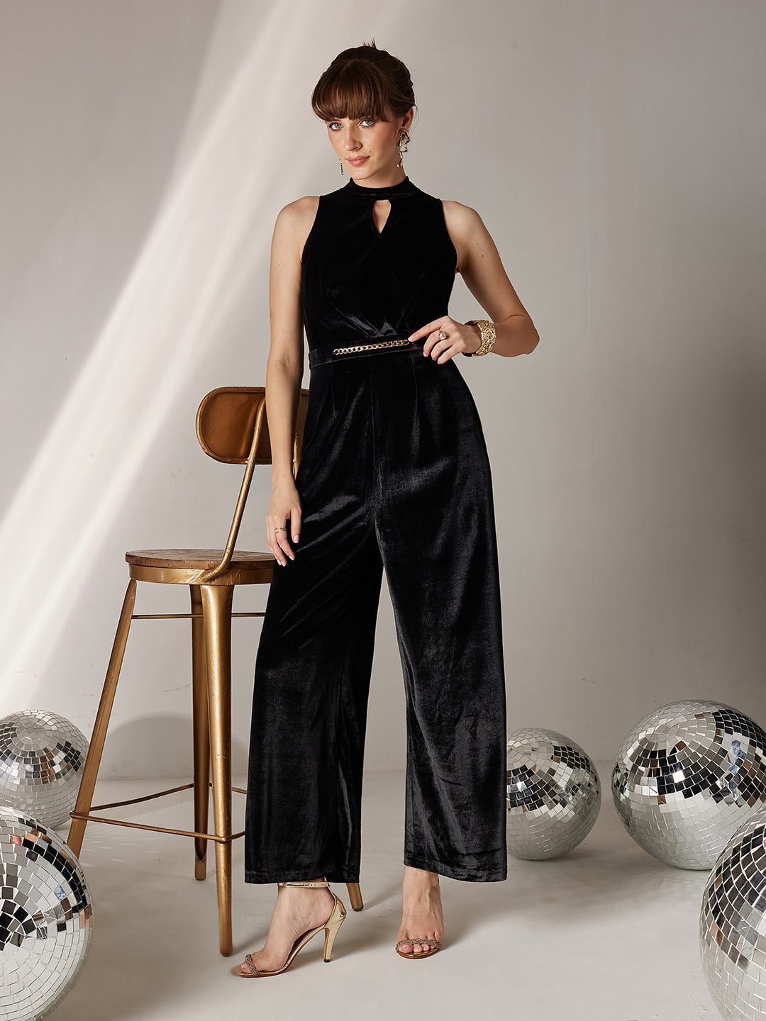 Women's Black Choker Neck Sleeveless Solid Pleated Regular Jumpsuit