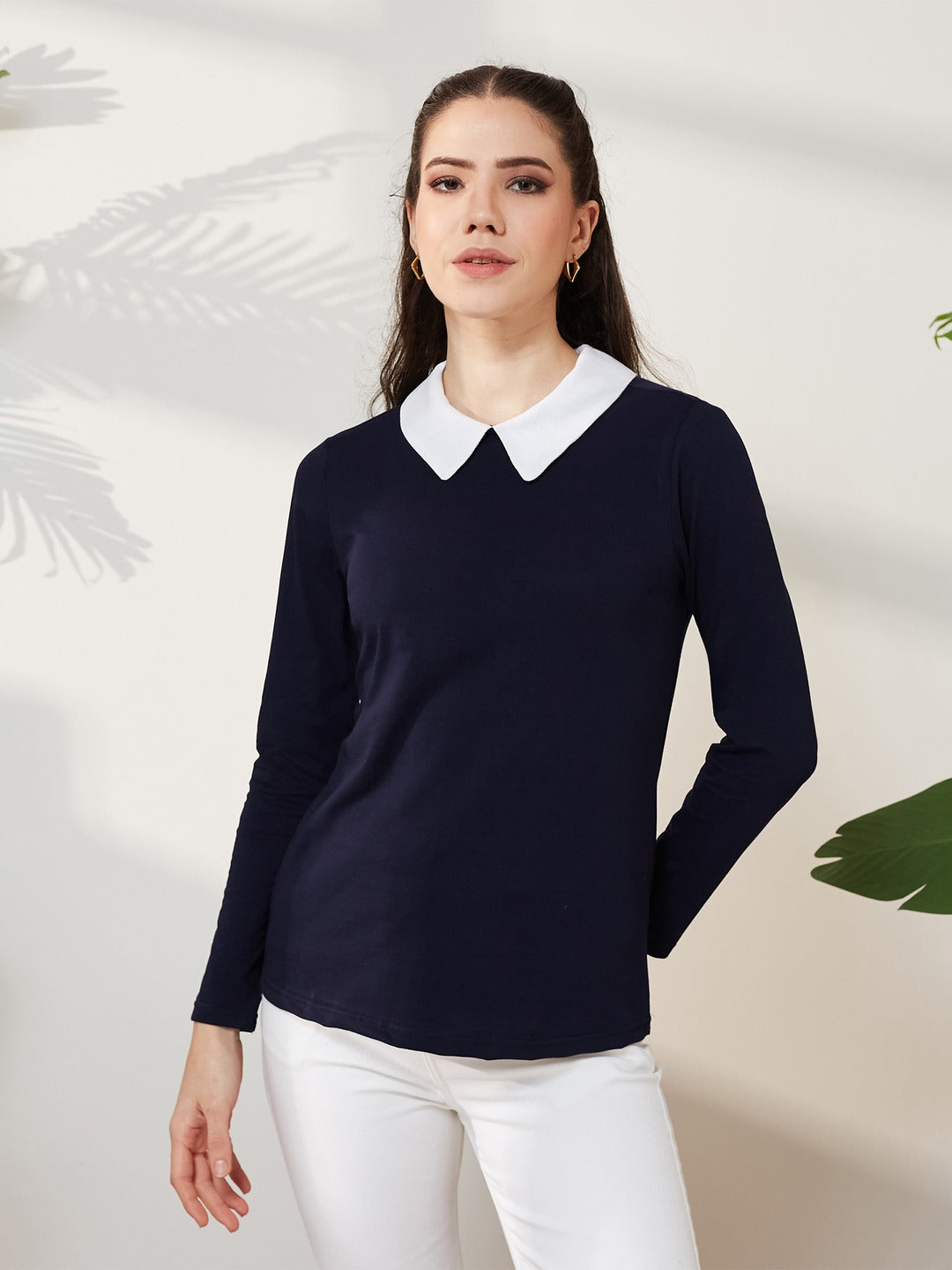 Navy Blue Collared Round Neck Full Sleeve Cotton Solid Buttoned Top for Women