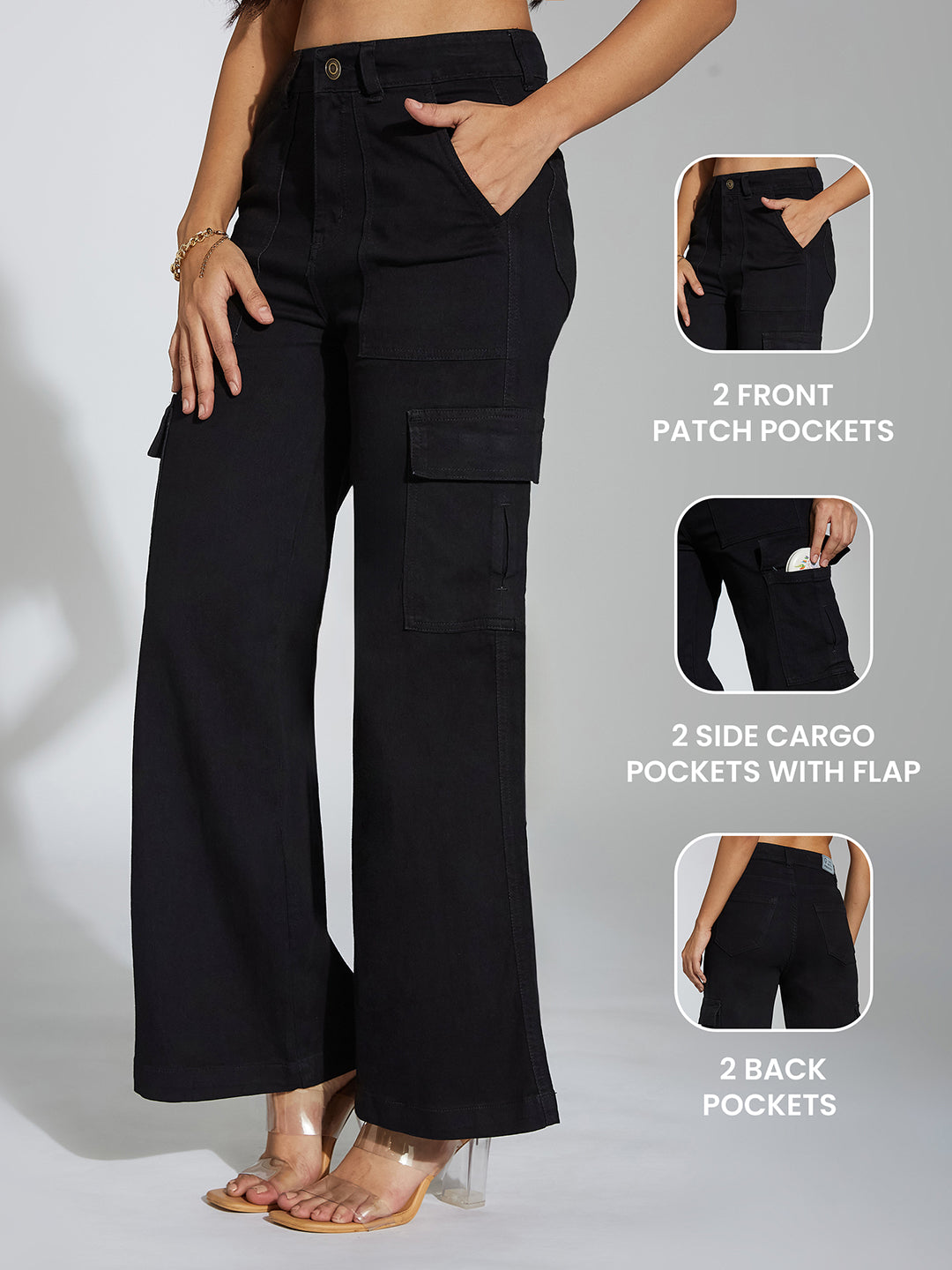 Women's Black Wide-Leg High-Rise Clean-Look Stretchable Denim Cargo Jeans