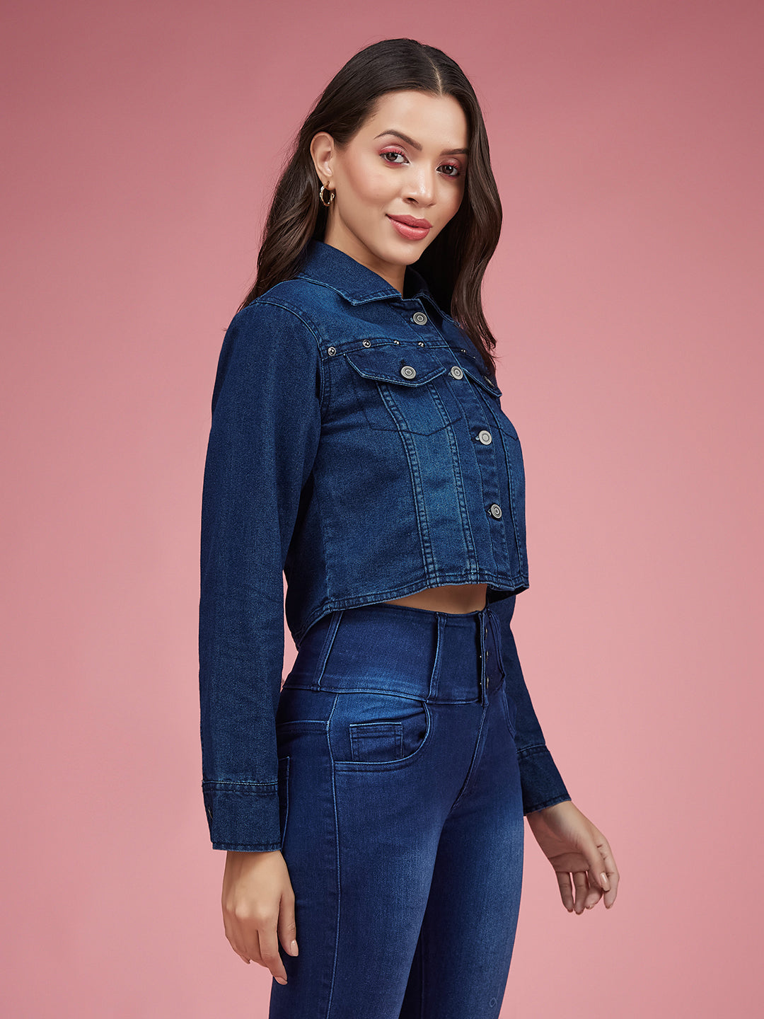 Navy-Blue Solid Polo Neck Full Sleeves Buttoned Denim Embellished Cropped Jacket for Women