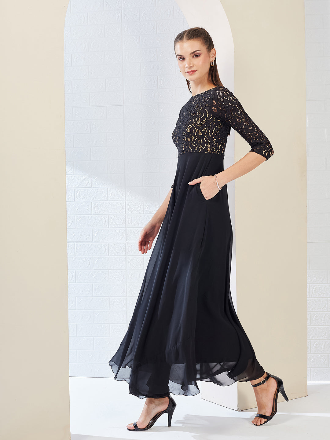 boat neck fit and flare dress Black Self Design 3/4 Sleeves Side Pocketed Georgette Maxi Length for Women Color:Moss Chiffon / Moss Satin >Weddingguest SPANISH FASHION DESIGNERS – 85 cm(33.4) Waist