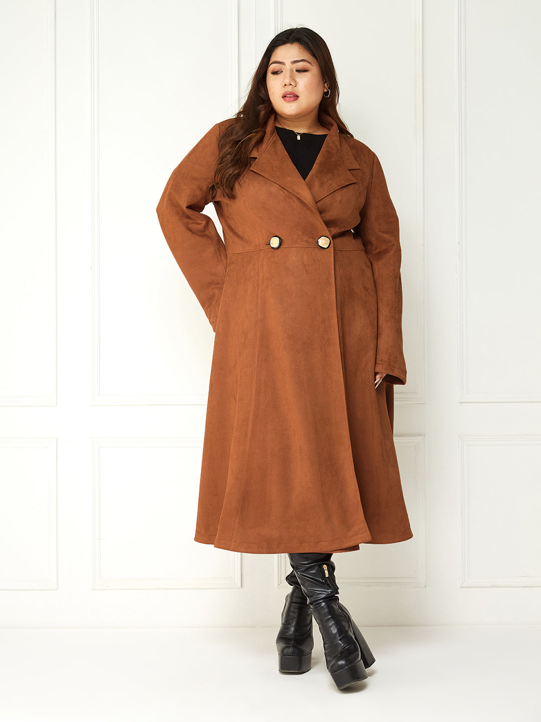 Body Bliss Brown Solid Double Breasted Longline Jacket