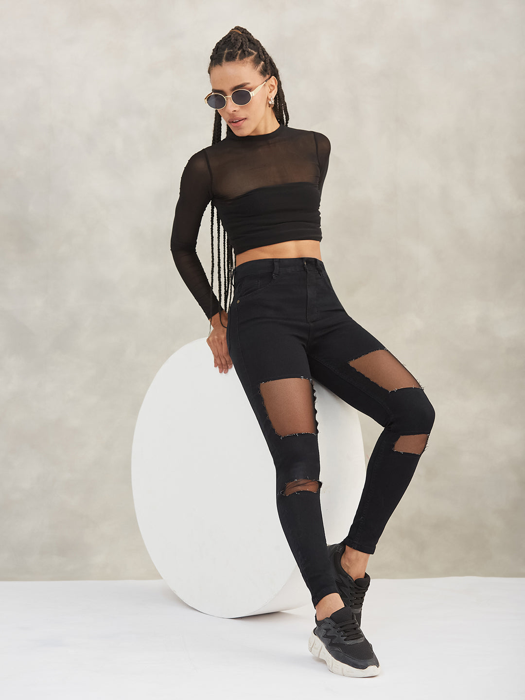 Women's Black Slim-Fit High-Rise Mild-Distress Ripped Net Detailing Denim Stretchable Jeans